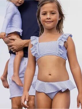 Snapper Rock Blue and White Striped Ruffle Bikini Set